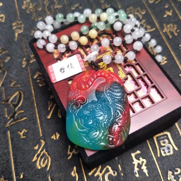 

send a-level national certificate natural colorful jade carving multi-color tiger pendant three-color jade pendant chain, Silver