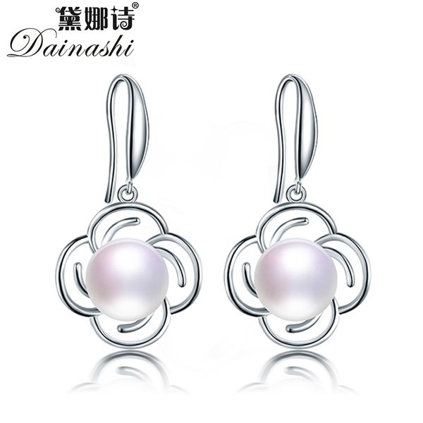 

dainashi fashion 925 sterling silver zircon flower drop earrings 100% genuine natural freshwater pearl hook earrings for women, Golden;silver