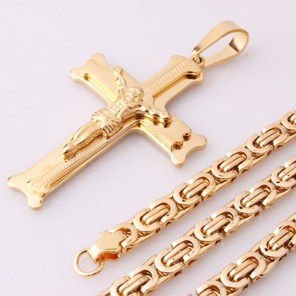 

fashion male cross pendant silver gold stainless steel jesus cross pendant byzantine link chain necklace jewelry for men