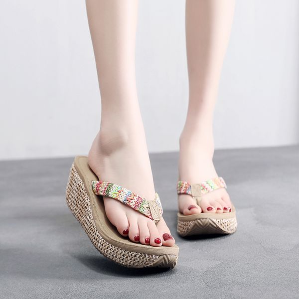 

shujin ethnic platform sandals women heel 2019 summer shoes fashion strap slippers beach flip flops clog wedge flip flop sandals, Black