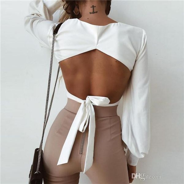 

fashion open back lantern sleeve blouse shirts women 2018 summer square neck bandage streetwear white cropped