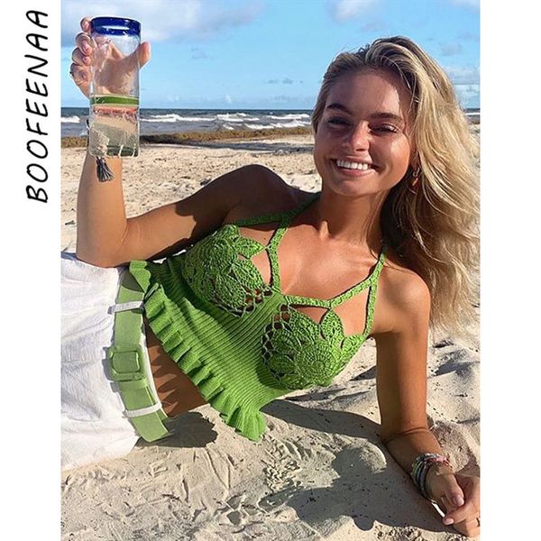 

boofeenaa crochet knit hollow crop women green halter backless ruffle tank beach rave festival club wear c66-ab34, White