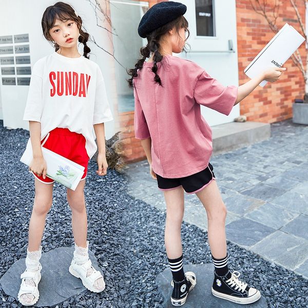 

f2zfe girls summer leisure sports t-shirt pants suit 2020 medium and large children contrast color round collar t-shirt children's p