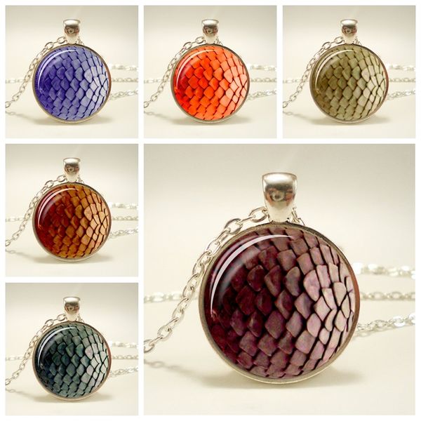 

vintage dragon pendant necklace in fish scales, glass cabochon, solid chain, necklace in the form of a dragon, a chain on a sweater, Silver