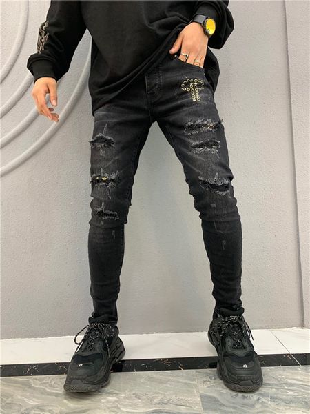 

2020brand новые мужские джинсы проблемные ripped байкер джинсы slim fit мотоцикл байкер джинсы 2019 модельер pants4, Blue