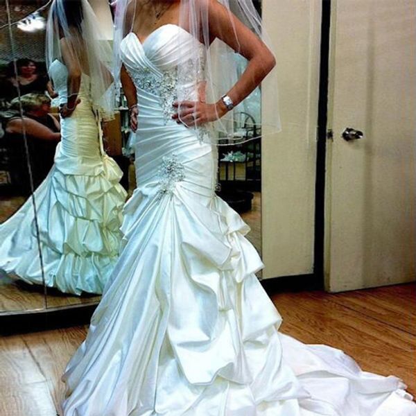 

graceful sweetheart satin white wedding dresses with ruffled skirt mermaid wedding dresses crystals beading bridal gowns voiles de mariage