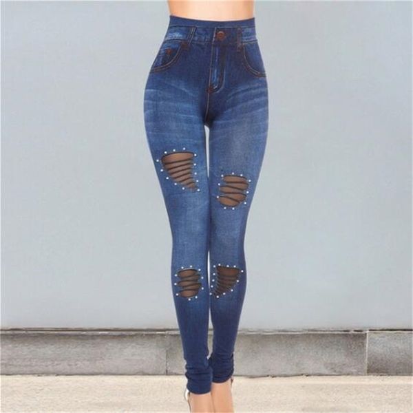 

women blue black hollow out jeans lady's skinny jeans girl's slim trousers high waist pencil pants plus size