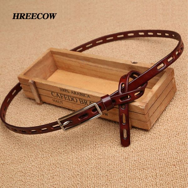 

hreecow return to the ancients thin belt pin buckle genuine leather belt for women female cowskin leather belts, Black;brown