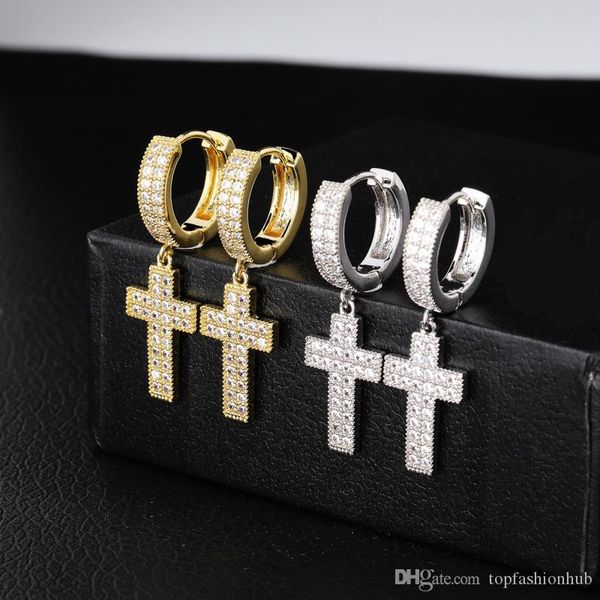 

double row zircon cross eardrop men women cz stud earrings male fashion jewelry new, Golden;silver