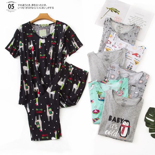 

plus size pajamas for women summer short sleeves calf-length pants pijama mujer v-neck printing loungewear pyjamas sleepwear, Blue;gray