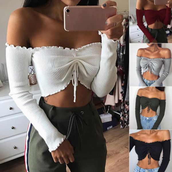 

Women Casual Off Shoulder Crop Top Slim Fit Blouse Long Sleeve Crop Tops Solid Shirt