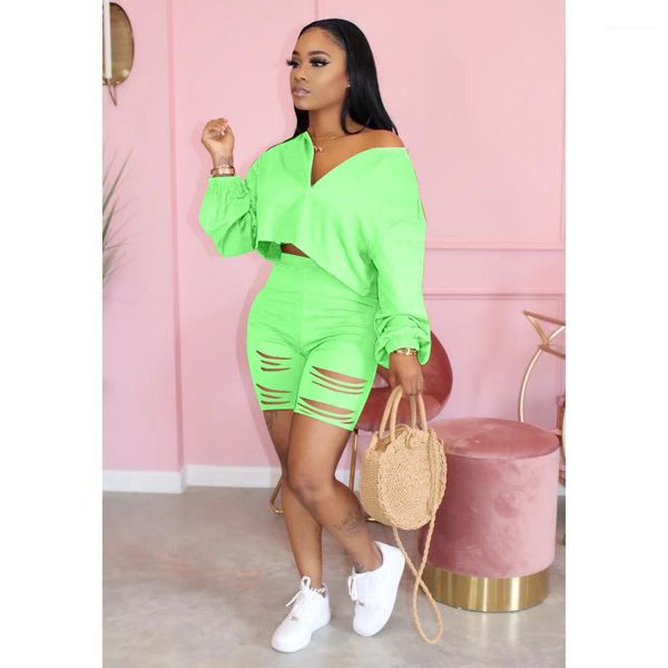 

sleeve hole pants 2pcs tracksuits v neck casual femal clothing women designer suits summer slim long, Gray