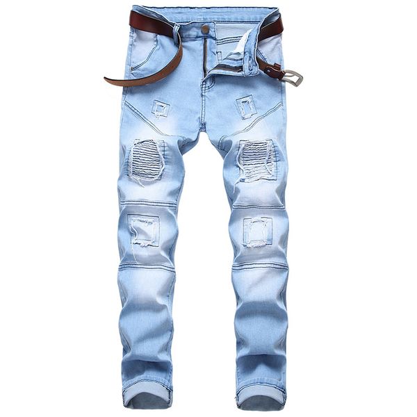 

men biker jeans denim slim panelled pants knee holes patchwork vintage washed elastic quality, Blue