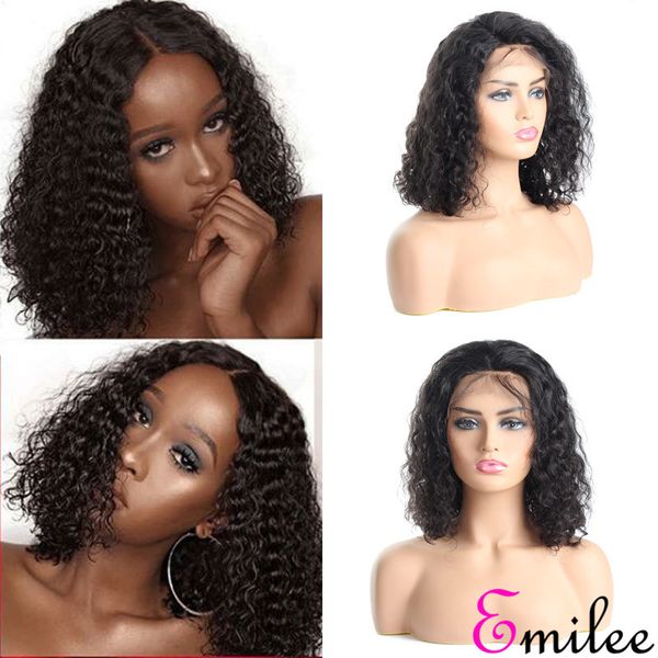 

emilee short bob curly lace front wigs 150% peruvian virgin remy hair curly wigs fake scalp curly wig 14 inch, Black;brown