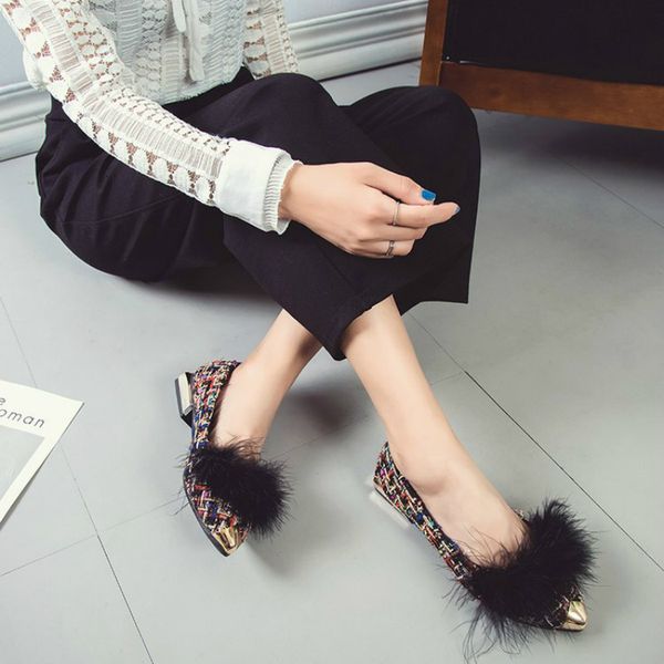 

new woman flats shoes fur mixed colors elegant pointed toe ladies fashion boat shoes women casual lady zapatos de mujer loafers, Black