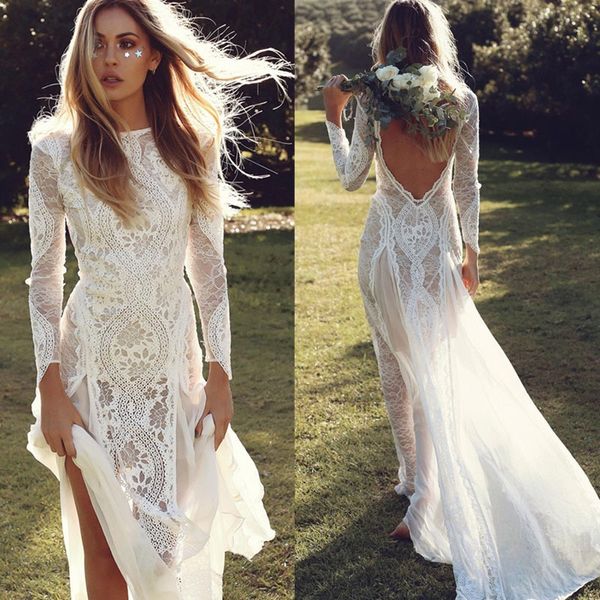 

2019 Elegant White Country Style Lace Mermaid Wedding Dresses Jewel Backless Cap Long Sleeve Boho Plus Size Sexy Bridal Gowns Cheap