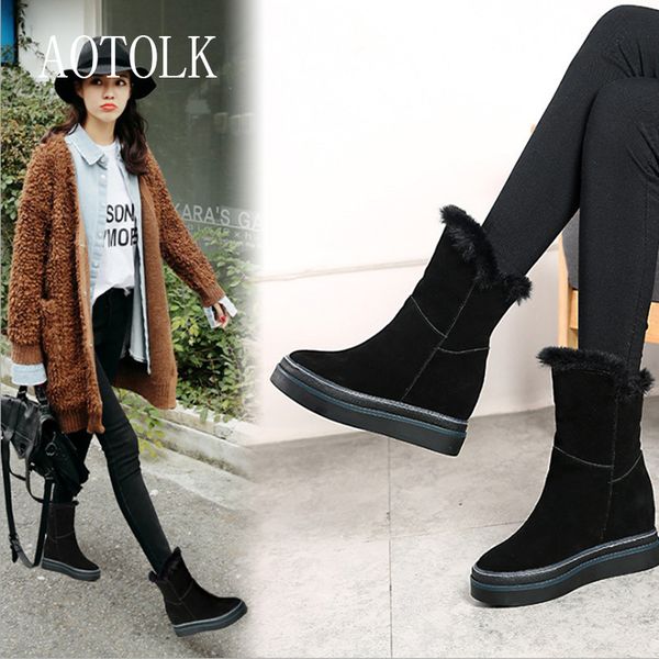 

women winter boots ankle shoes genuine leather platform boots warm female height increasing heel shoes casual de, Black