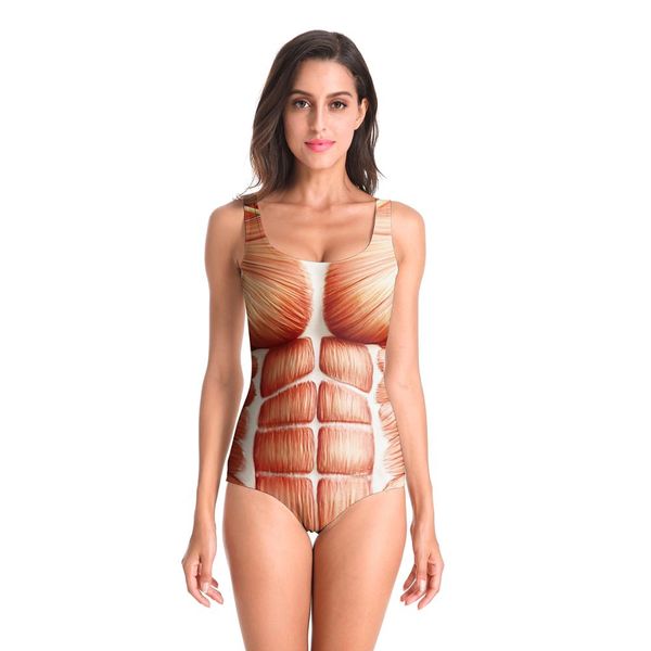 

new sleeveless cosplay human muscle 3d beach style suit printed girl swimsuit one piece swimwear women cosplay funny, Black;white