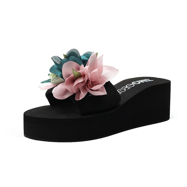 

nice tide female shoes fashion women slip-on open toe wedges heels causal flower slipper slides shoes basket femme 515, Black