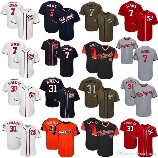 

men women youth nationals jersey 7 turner 31 scherzer baseball jersey white gray grey red navy salute to service players weekend all-star, Black