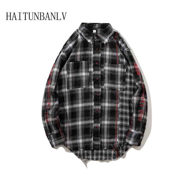 

new hip hop men patchwork plaid shirt long sleeve fashion streetwear checked male shirts clothing casual harajuku shirt, Black;brown