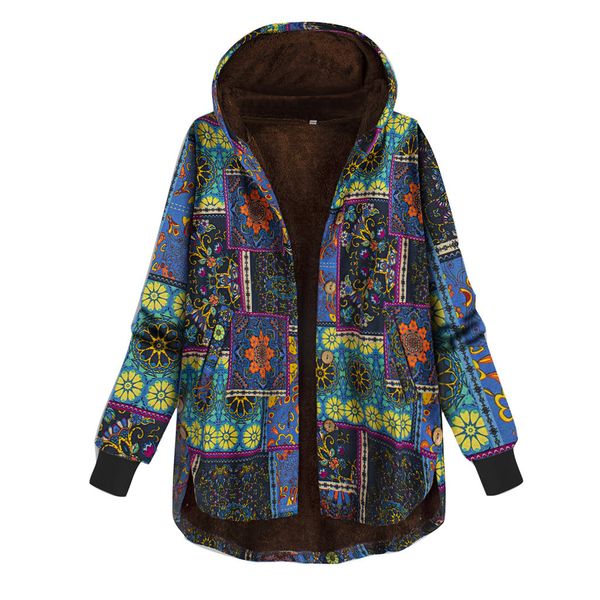 

fashion plus size winter coat women side button ethnic print hooded long sleeve vintage coat women parka manteau femme hiver, Black