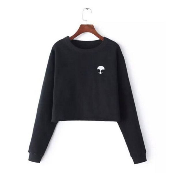

women clothing feminina loose short fleece jumper sweats embroidery et aliens hoodies sweatshirts harajuku crew neck sweats, Black