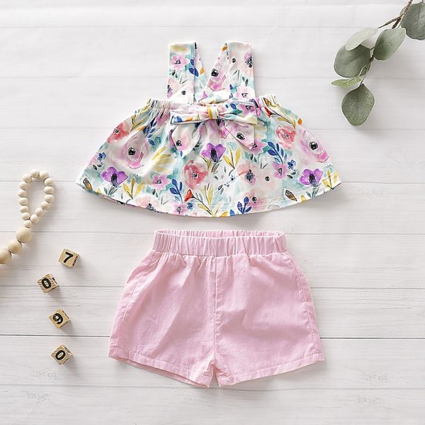 

kid dress summer baby girls casual soft material strap floral print t-shirt shorts suits costume leisure set 1, White
