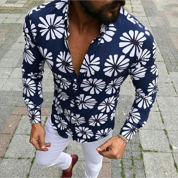 

2019 new fashion male shirt autumn casual long sleeve button shirt for men printed floral shirts men plus size 3xl, White;black