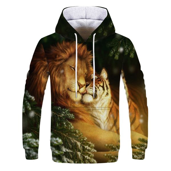 

mens designer animal lion 3d digital printing hooded sweater, Black