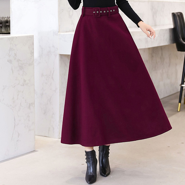 

2020 winter women's wool skirts with belt solid color vintage woolen skirt female streetwear long 4 color da103, Black