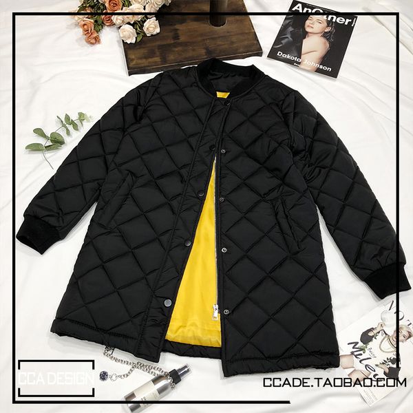 

winter jacket women black long rhombic down cotton padded coat diamond-shaped single breasted baseball coat female women's parka