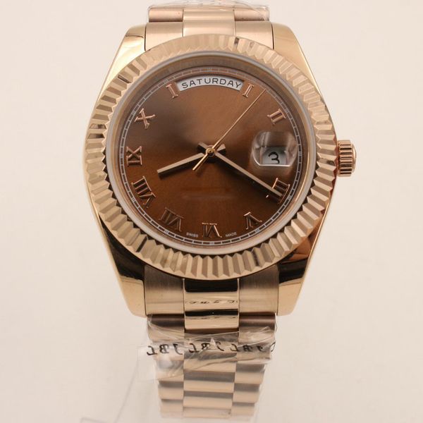 

роскошный день дата мужские часы 41mm gold президент brown face из нержавеющей стали 316l ремешок мужские наручные часы для рождественских п, Slivery;brown