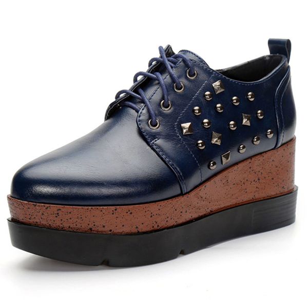 

brand rivets brogue shoes woman mixed color platform shoes lace up creepers flats women muffins espadrilles plus size 42 43 s224, Black
