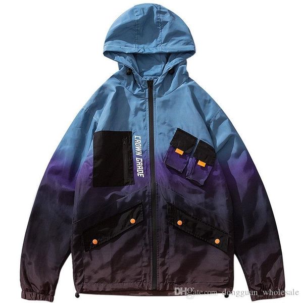 

men hip hop jacket windbreaker streetwear retro harajuku gradient color block jacket coat 2019 pocket zip track jacket hoodie, Black;brown