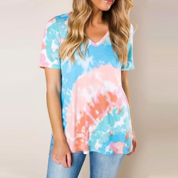 

2020 summer tie-dye t shirts for women gradient casual tie-dyet shirt summer patchwork v neck short sleeve loose #35, Black;blue