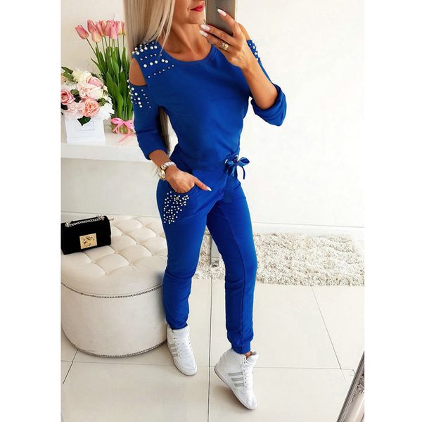 

women beading pearl tracksuit set suits jogger casual cold shoulder sweatshirt + pants sweatpants 2pcs sport wear outfits, White