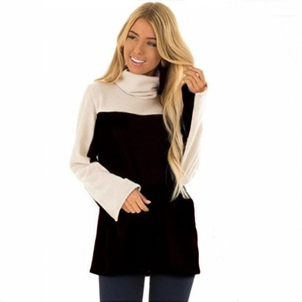 

loose turtleneck large size long sleeved tshirt famale designer tees womens stitching contrast color tshirt casual, White