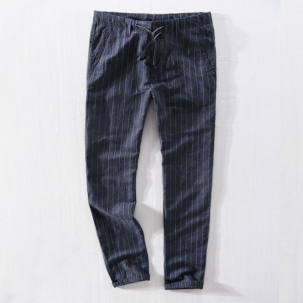 

men's pants m~3xl clothing summer linen stripe leisure cloth contracted joker cotton and trousers costumes, Black