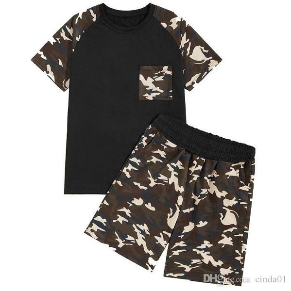 

mens track suits color matching camouflage round collar breathable quick dry short sleeve cotton set summer casual, White;black