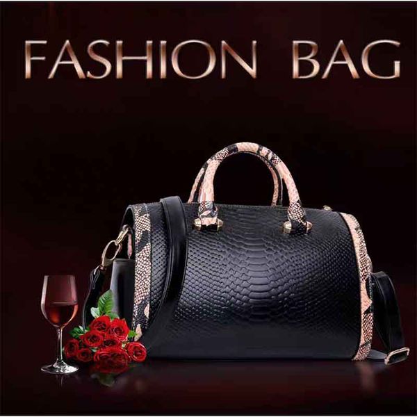 

women's bag snake pattern boston handbags ladies leather shoulder messenger bag female fashion large capacity travel tote