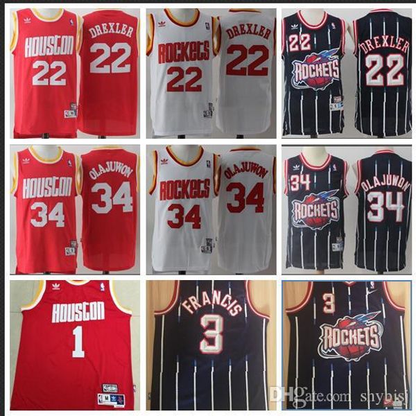 

2019 houston rockets men baketball 22 drexler 34 olajuwon 3 francis all stitched nba jerseys s-xxl, Black