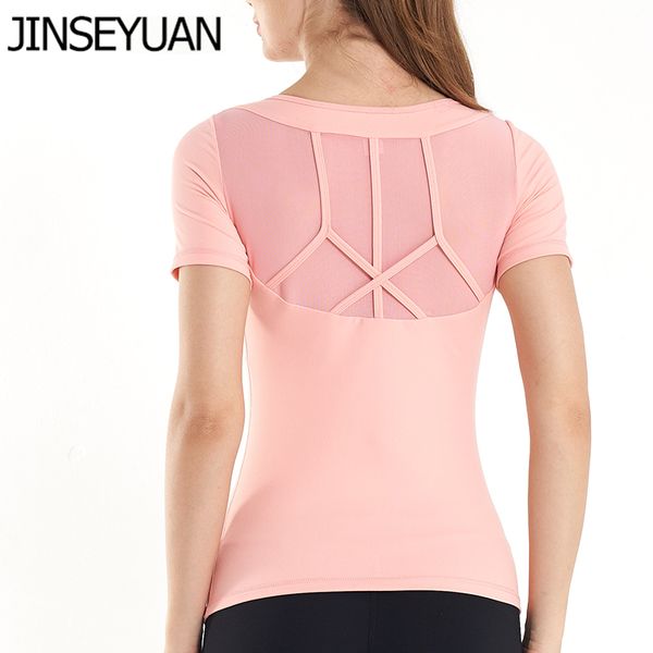 

jinseyuan новый профессиональный йога топы с коротким рукавом круглый шеи тренажерный зал женской running сетка дышащий спортивный топ спорт