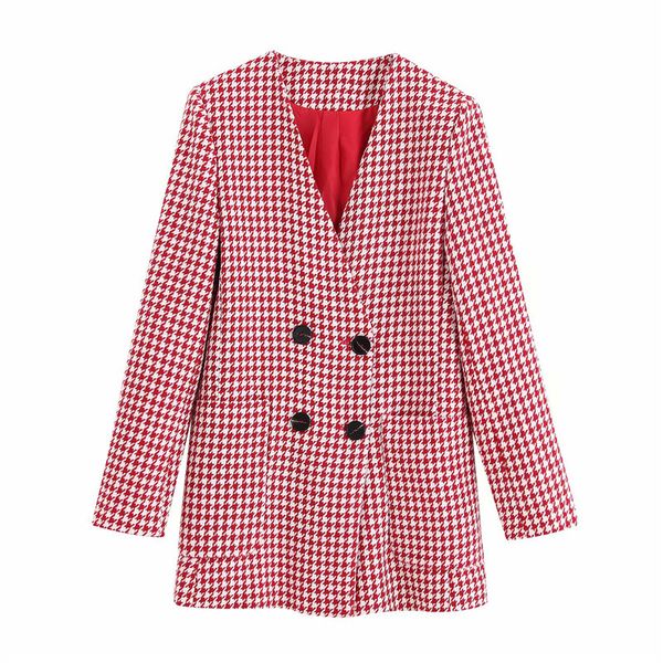 

стильный chic женщины двойной брестед хаундстут blazer пальто с длинным рукавом женский карманы плед v-образным вырезом верхняя одежда chaqu, White;black