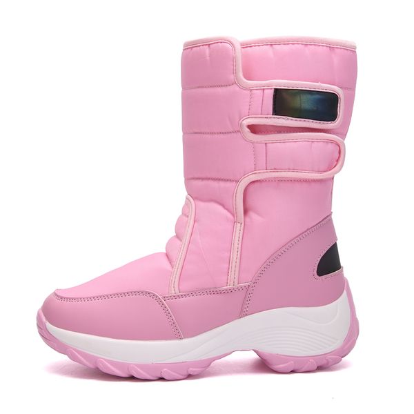 

2019 fashion winter shoes woman pink leather boots women platform snow boots hook & loop flat with fur warm large size, Black