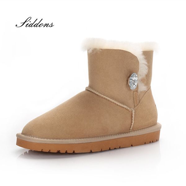 

siddons sheepskin women's snow short boots thickening anti slip velvet flat bottom round head winter boots crystal ornaments, Black