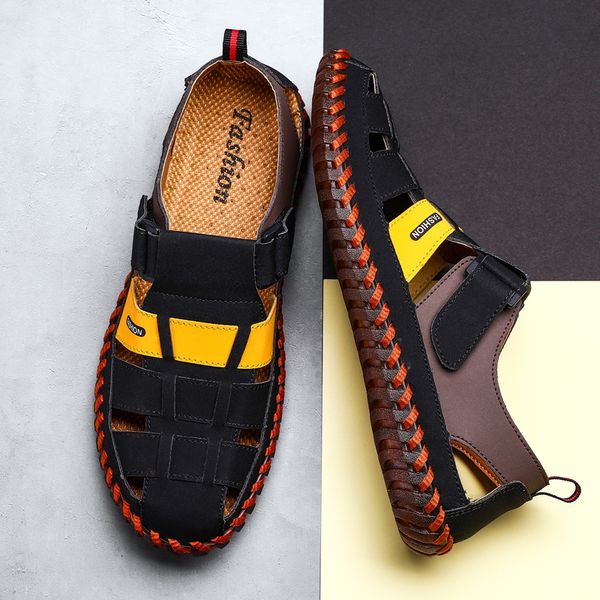 

summer men sandals handmade leather slip on mens shoes large sizes 48 roman hollow breathable sandalia masculina, Black