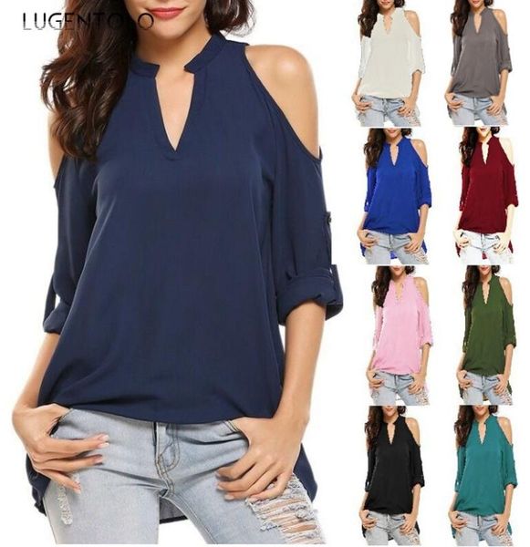 

lugentolo women blouse summer strapless long sleeve plus size v-neck casual loose lady solid simple elegant blouses, White