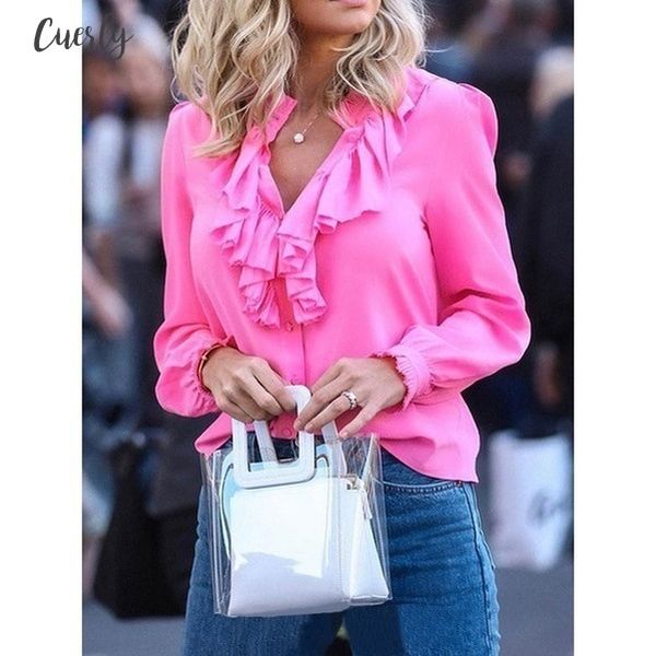 

plus size ruffle chiffon blouses 2020 autumn elegant women long sleeve v neck streetwear office shirts ladies green white