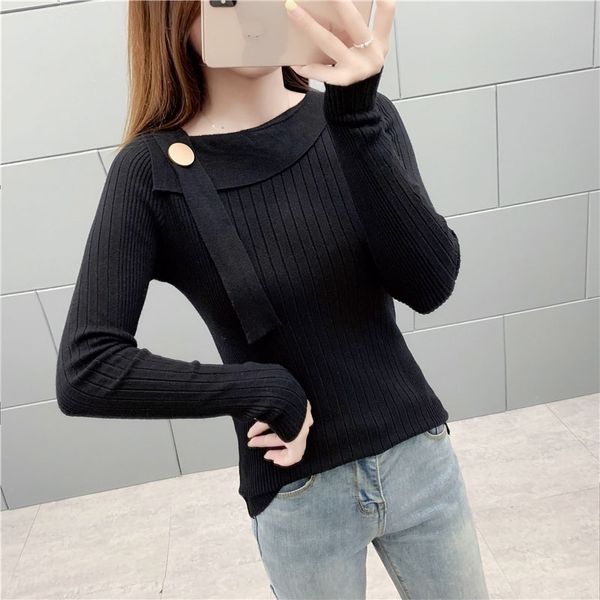 

lucyever 2019 autumn new knitted sweater women long sleeve elasticity slim black sweater woman casual simple pullover female, White;black